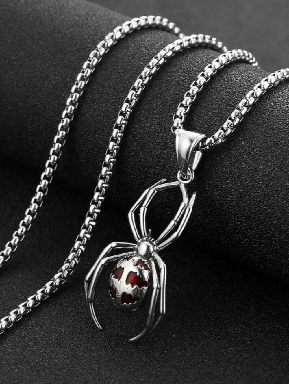 Silver Spider Pendant Necklace with Red Accent